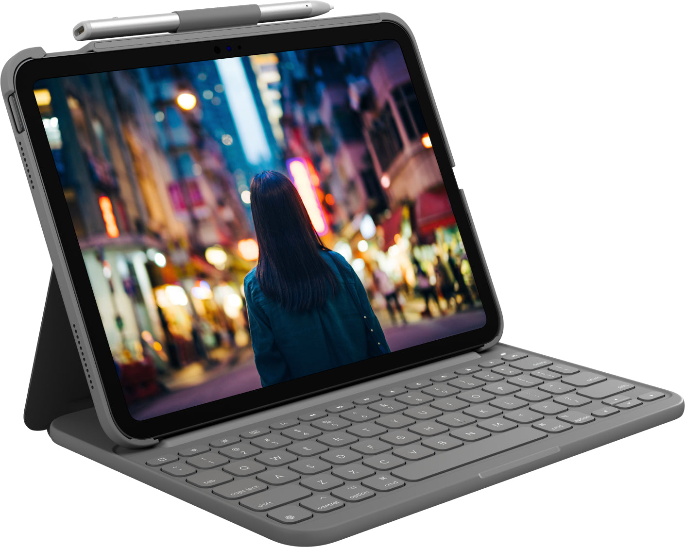 (B) Logitech Slim Folio Tastaturhülle für iPad (10. Generation) mit integrierter Funktastatur - DE QWERTZ Grau