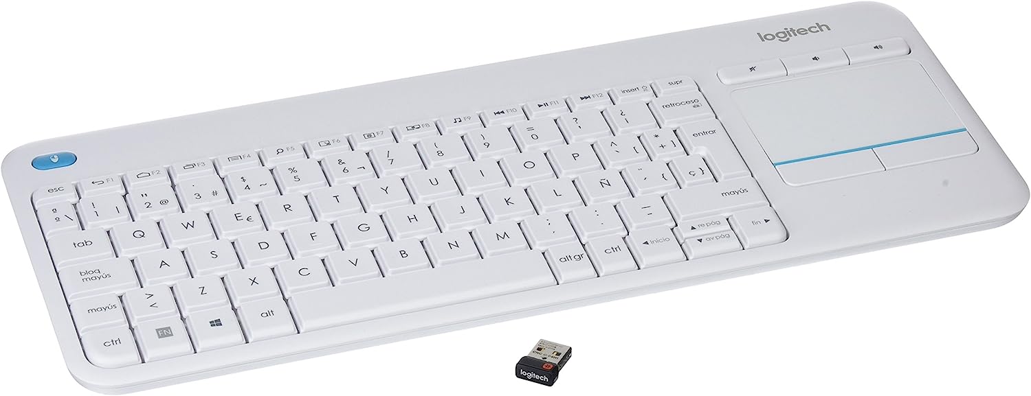 (B) Logitech K400 Plus Kabellose Touch-TV-Tastatur mit integriertem Touchpad, ES QWERTY weiß